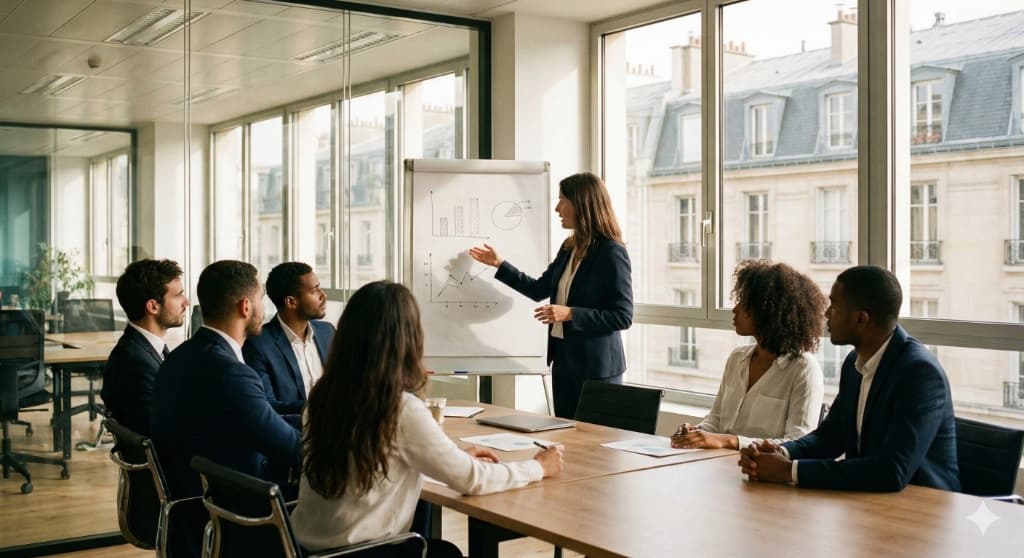 Stéphanie Ananou Amorim formant un groupe de professionnels en gestion d'entreprise